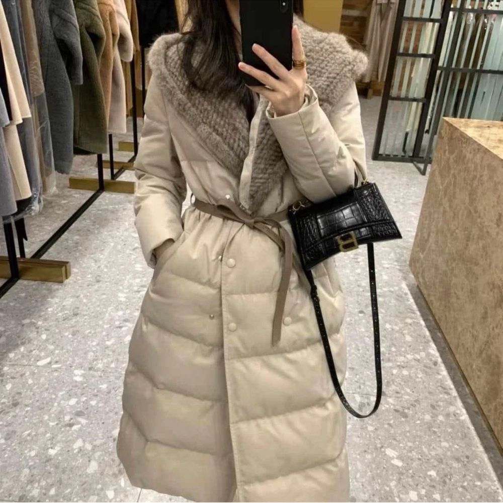 Gorgeous style  coat , very classy Belted Women's Coat mink fur knitted hood .